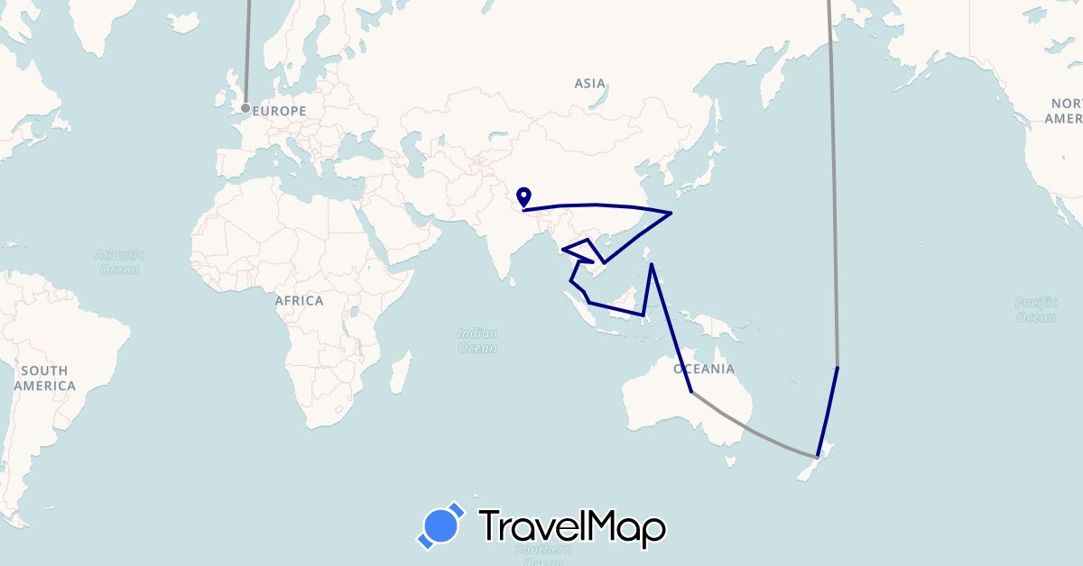 TravelMap itinerary: driving, plane in Australia, Fiji, United Kingdom, Indonesia, Japan, Cambodia, Laos, Myanmar (Burma), Malaysia, Nepal, New Zealand, Philippines, Singapore, Thailand, Vietnam (Asia, Europe, Oceania)